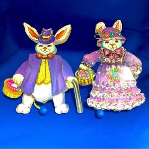 Set Of 2 Rabbit bunny Ornaments Pull String Jumping Jack Puppet Toy Wooden Ball
